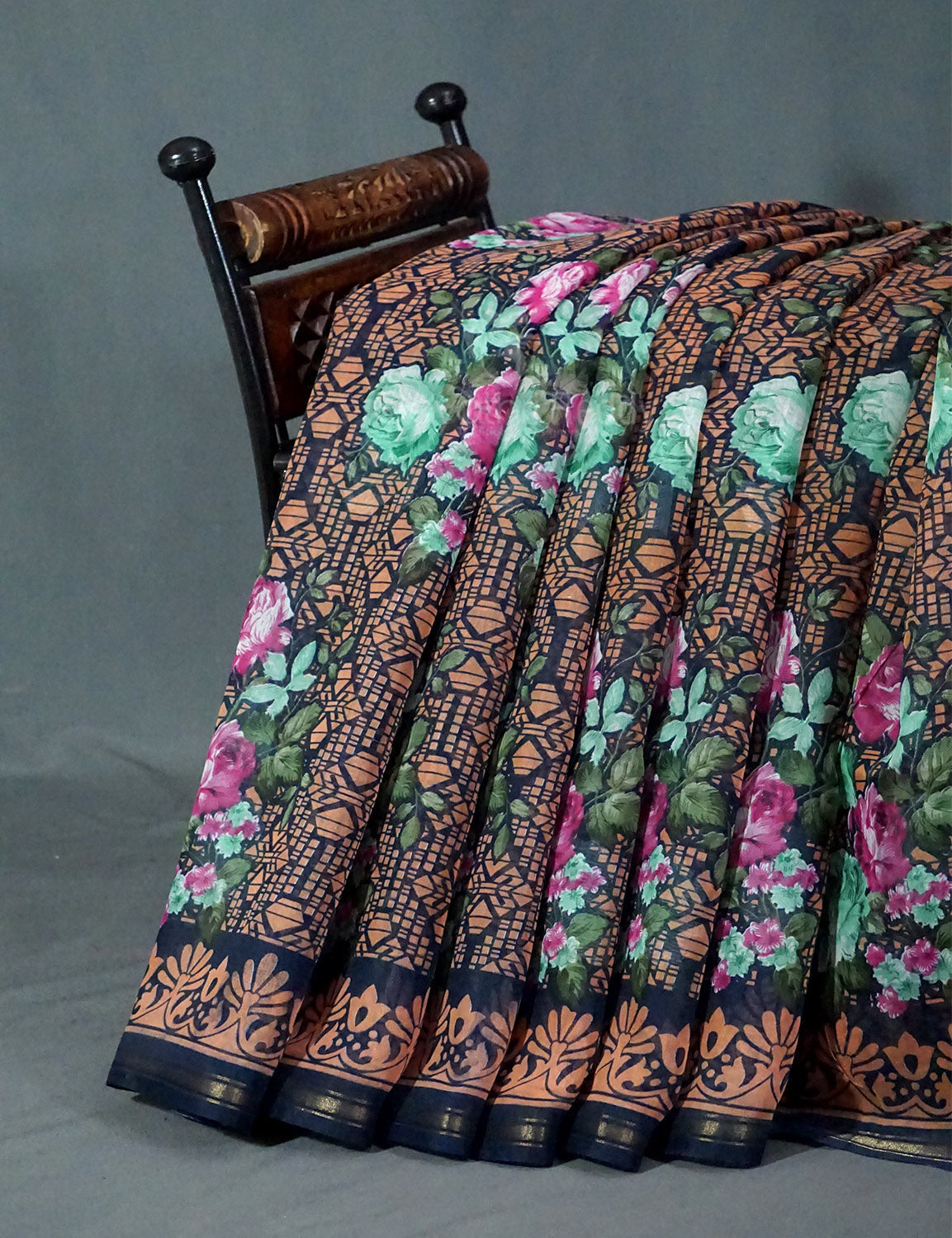 Shades of Navy Blue Colour Floral Design Semi Chanderi Saree By Gayathri Reddy Designer Studio | Swadesiicart