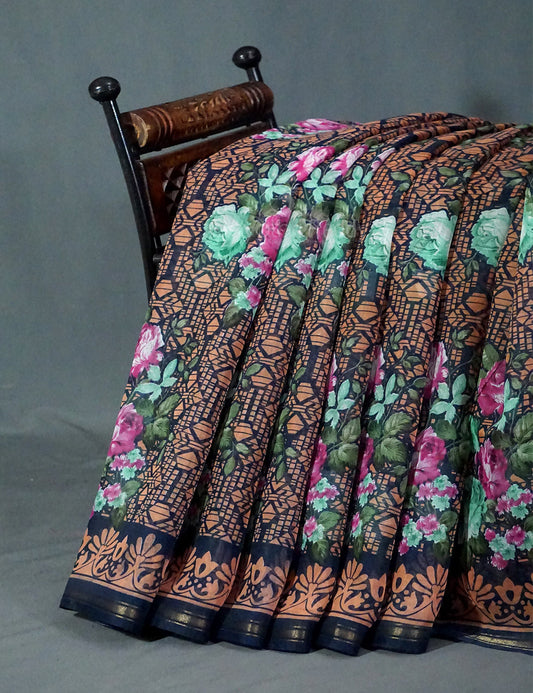 Shades of Navy Blue Colour Floral Design Semi Chanderi Saree By Gayathri Reddy Designer Studio | Swadesiicart