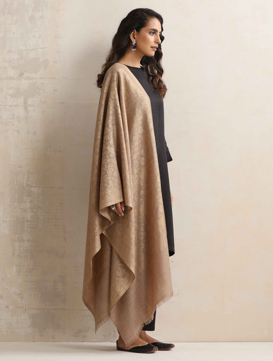 trueBrowns Brown Floral Jaal Woollen Stole | Swadesiicart
