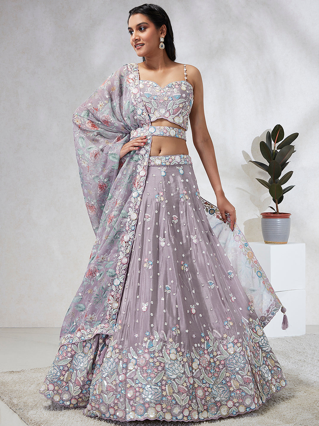 House of Panchhi Mauve Chiffon Sequins And Thread Embroidery Lehenga Choli & Dupatta | Swadesiicart