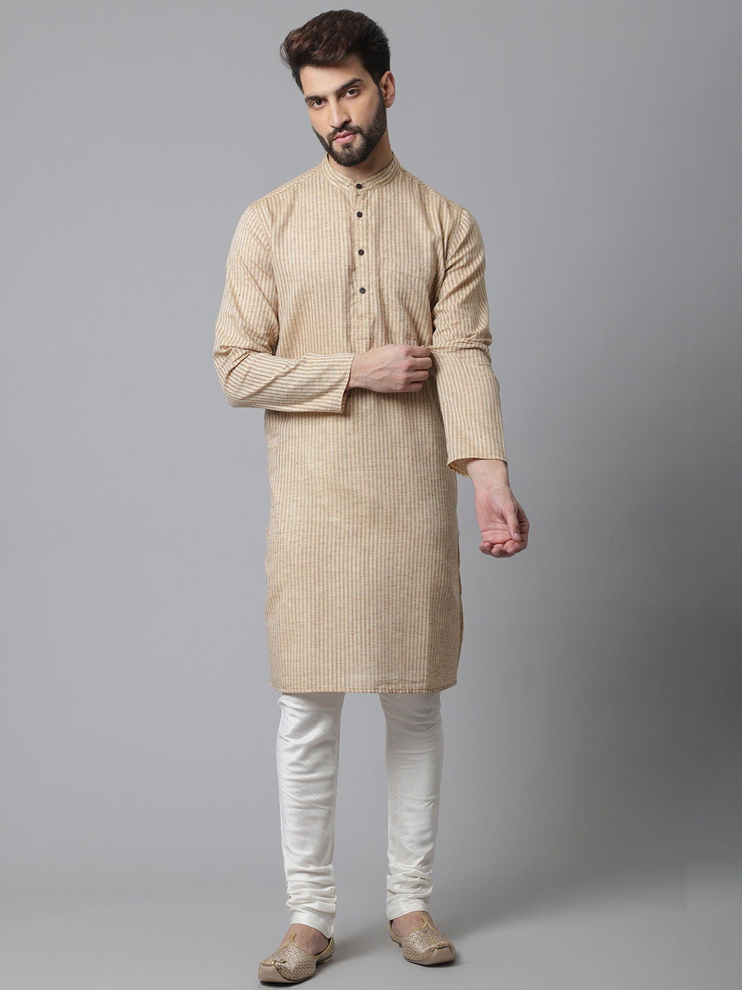 Indian Clothing Even Apparels Beige Solid Kurta With Band Collar | Swadesiicart
