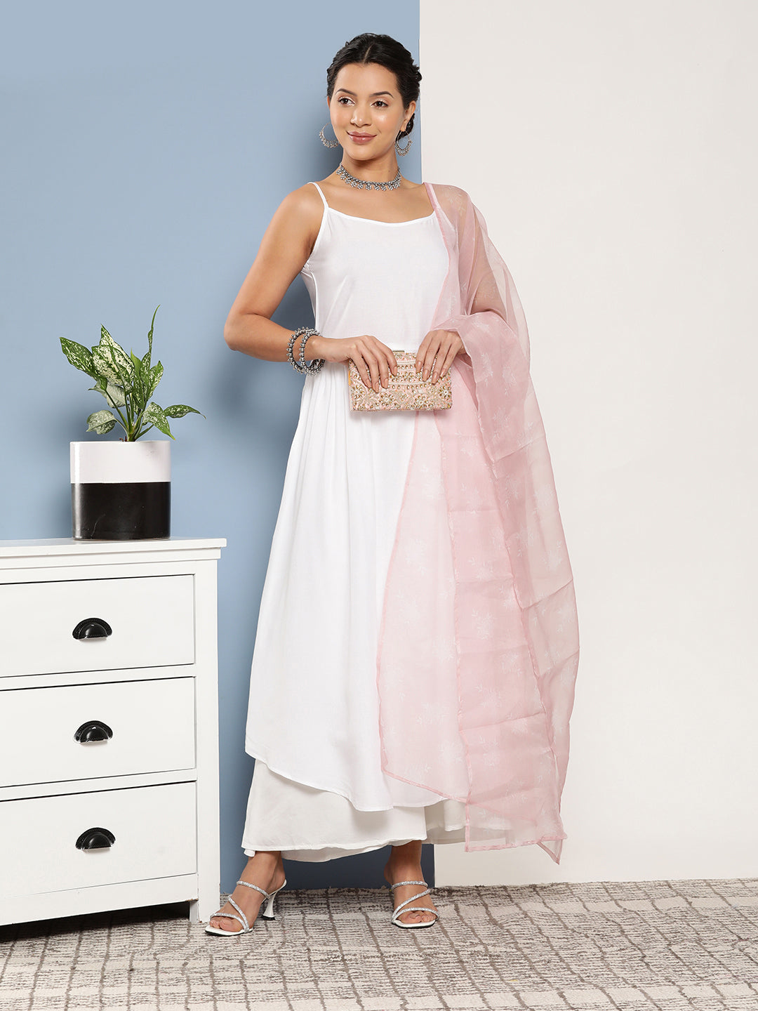 InWeave Women's Cream Strappy With Pink White Chintz Organza Dupatta - Swadesiicart