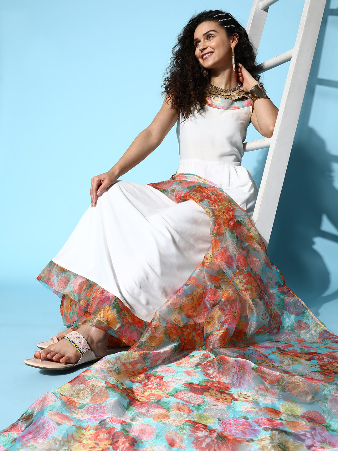 InWeave Women's White Strappy Orgranza Border Kurta Set With Dupatta - Swadesiicart