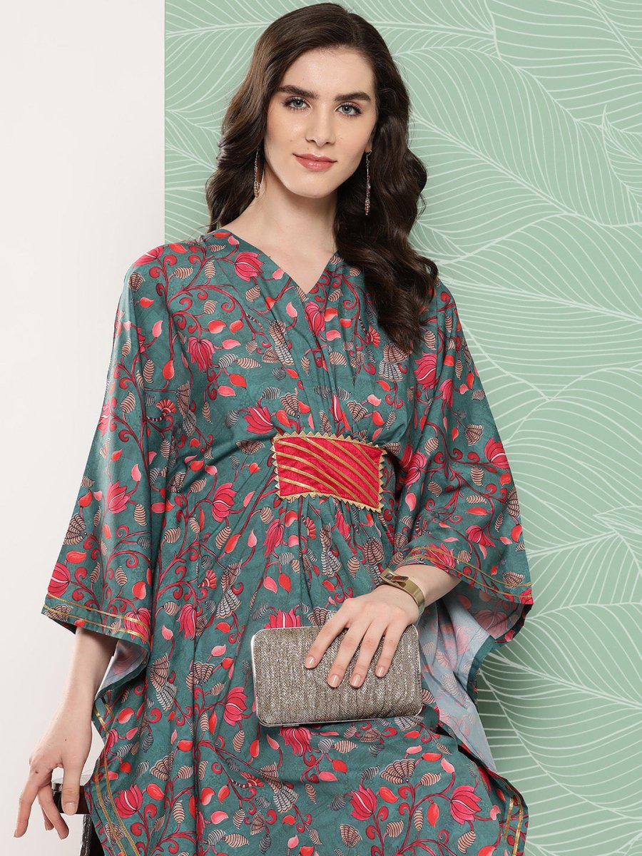 Ahalyaa Women Floral Printed Flared Sleeves Gotta Patti Crepe Kaftan Kurta | Swadesiicart