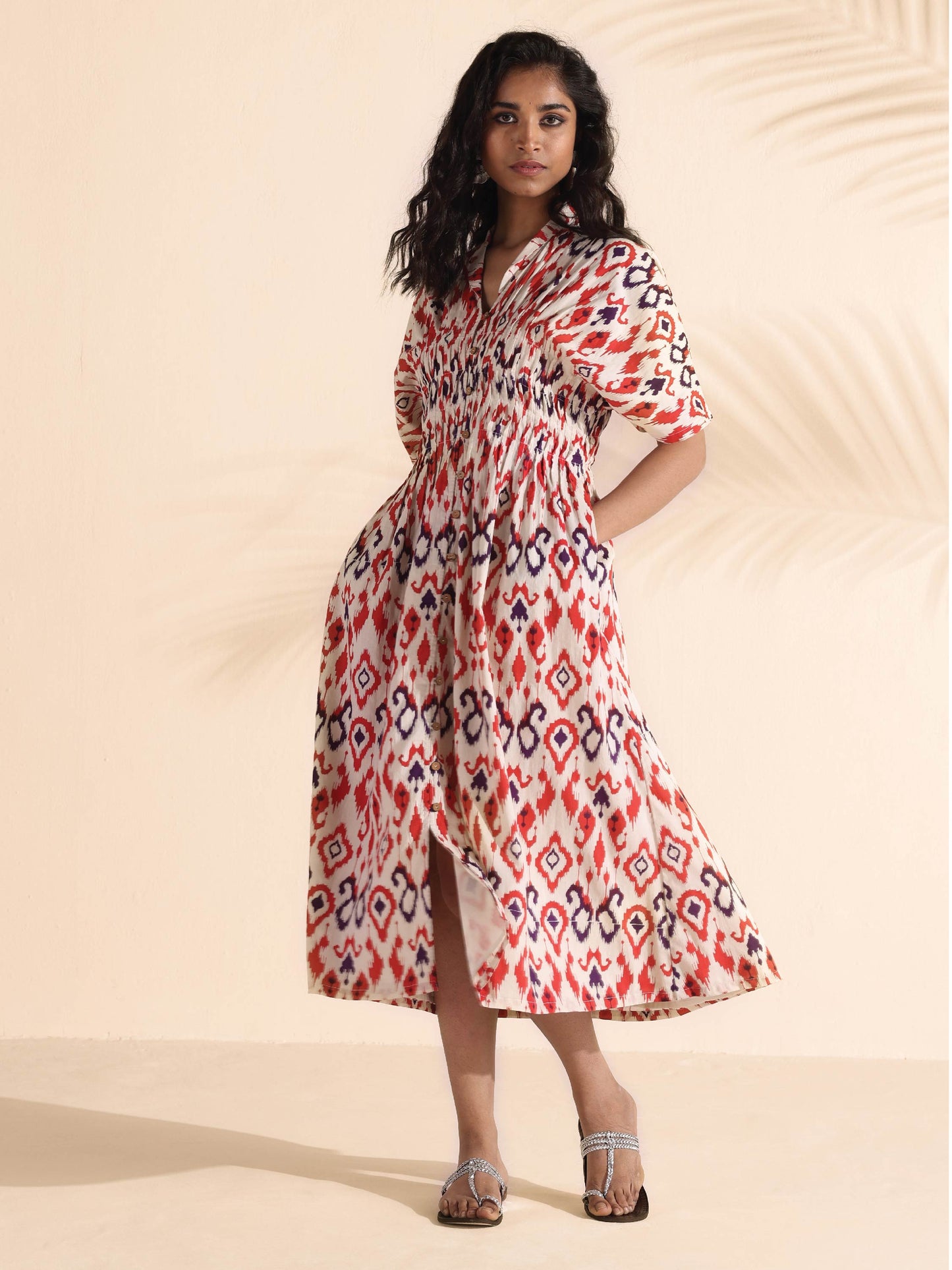 trueBrowns Carrot Cotton Ikat Dress | Swadesiicart