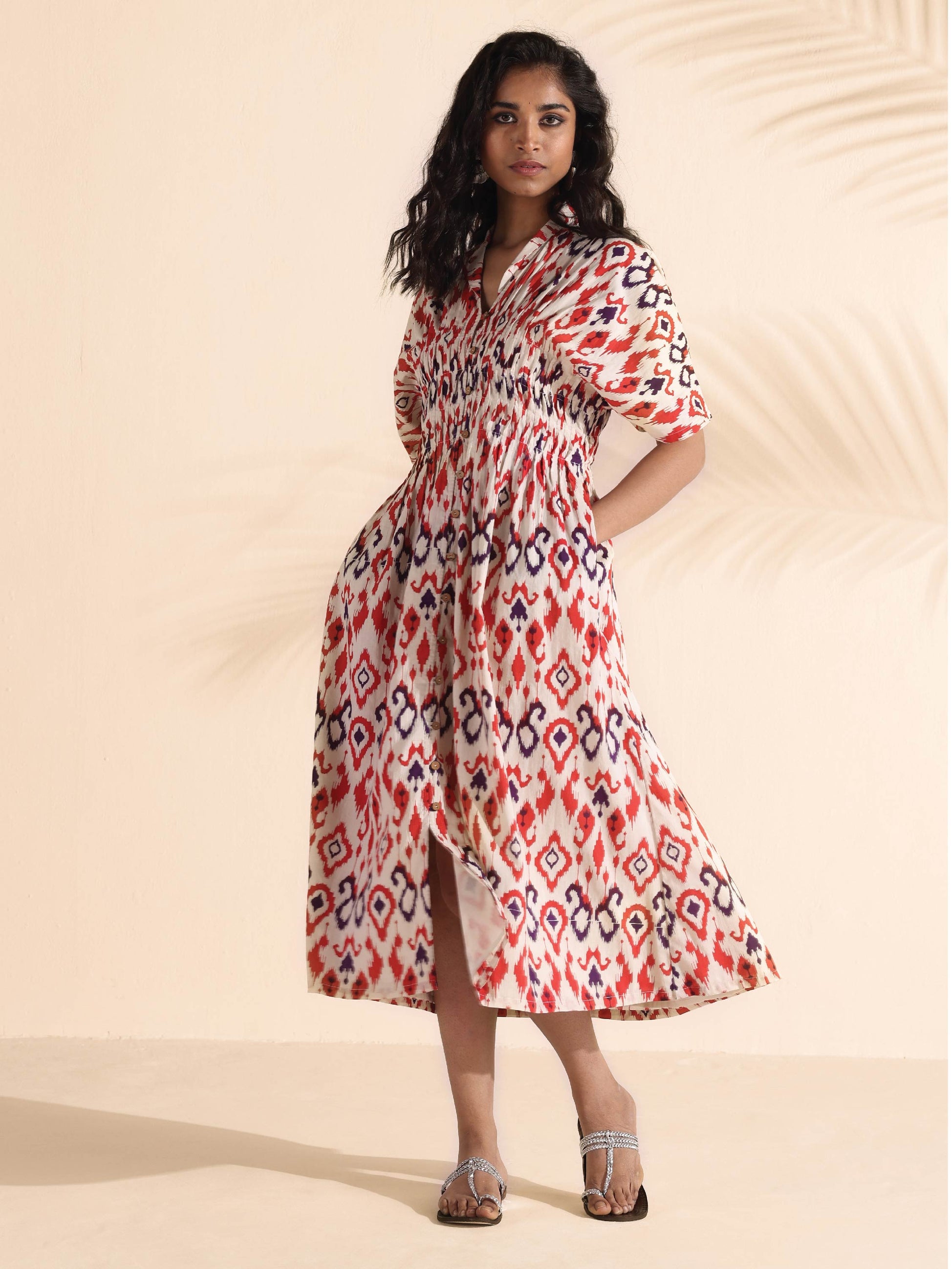 trueBrowns Carrot Cotton Ikat Dress | Swadesiicart