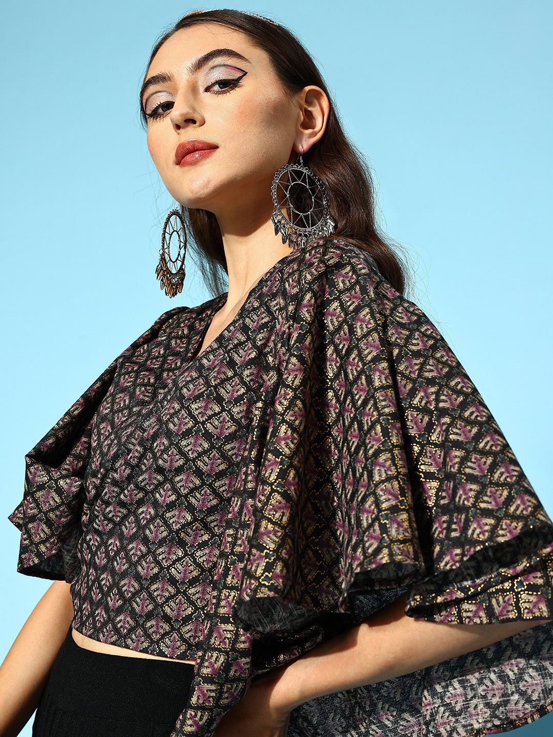 InWeave Women's Black Foil Print Bell Sleeves Top - Swadesiicart