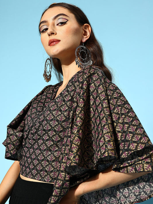InWeave Women's Black Foil Print Bell Sleeves Top - Swadesiicart