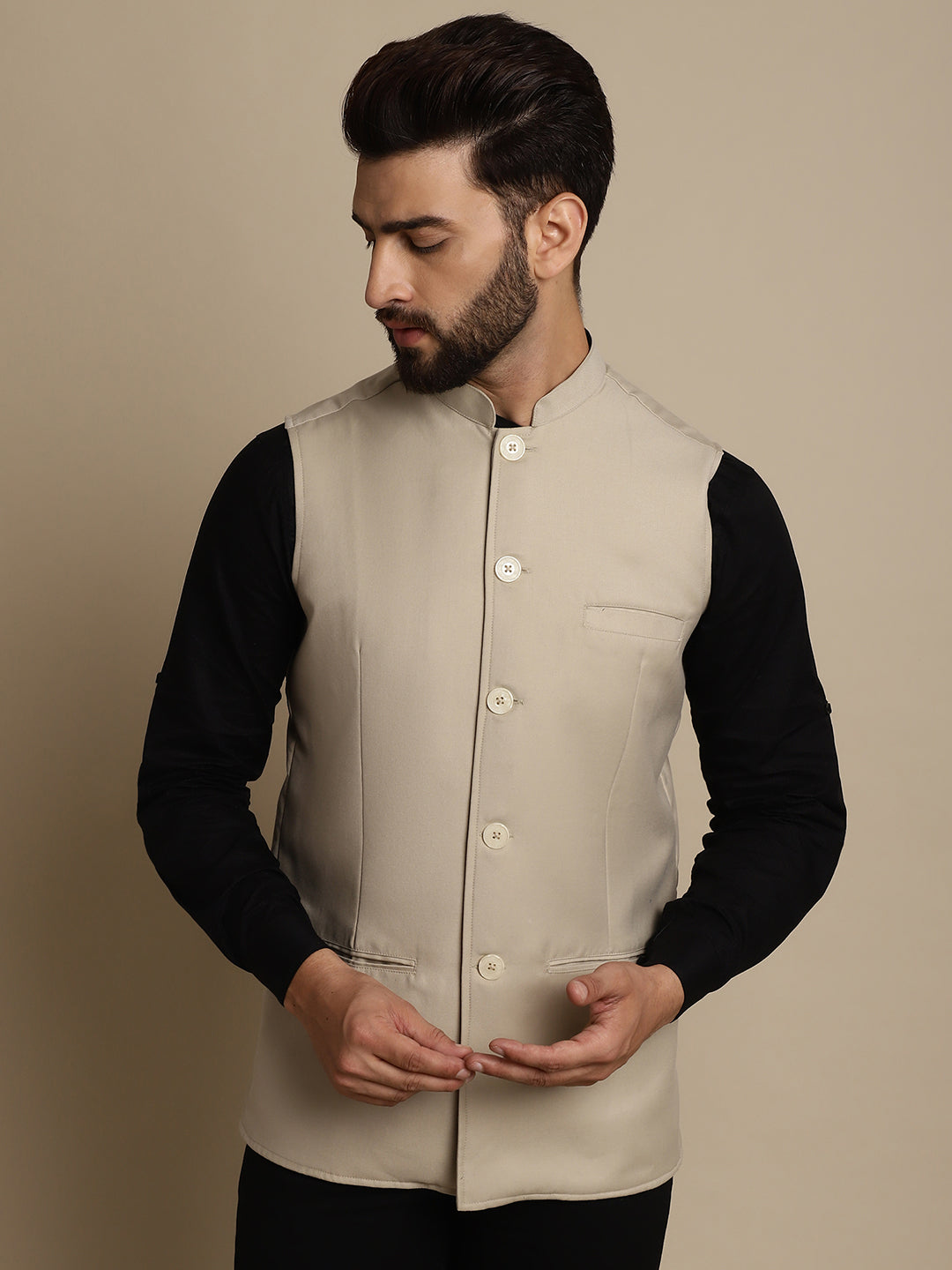 Even Apparels Men's Cream Mandarin Collar Waistcoat | Swadesiicart