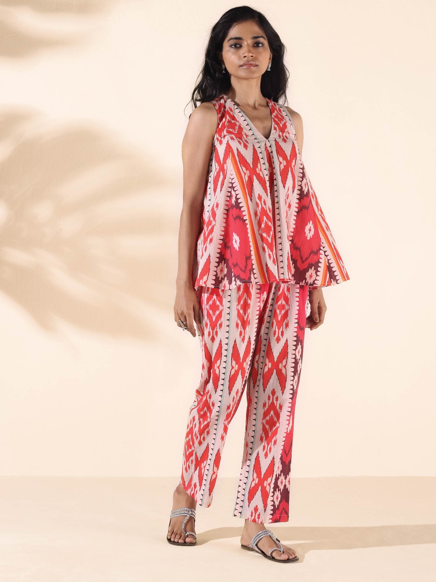 trueBrowns Maroon Cotton Ikat Flared Co-ord Set - Swadesiicart