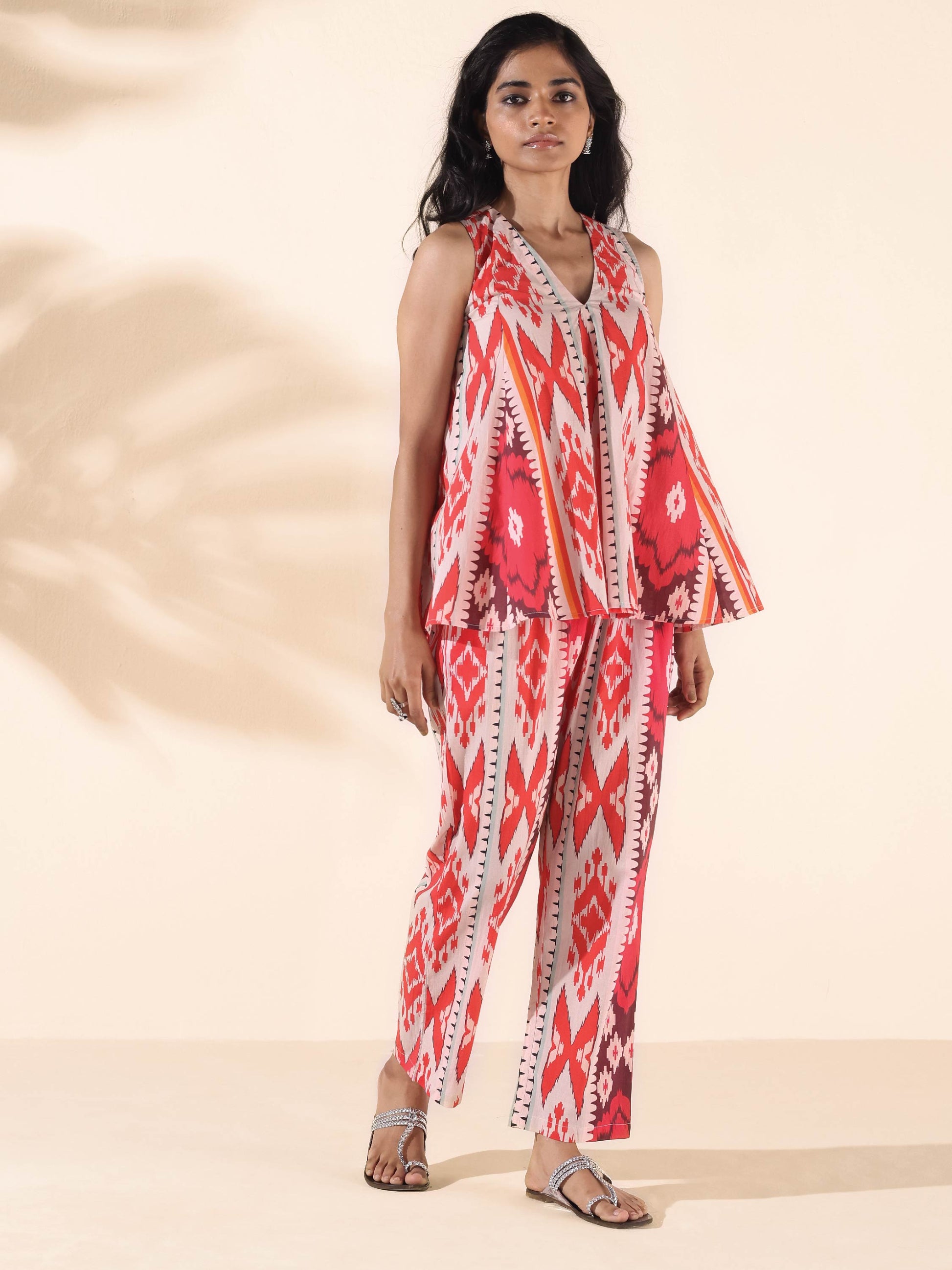 trueBrowns Maroon Cotton Ikat Flared Co-ord Set - Swadesiicart