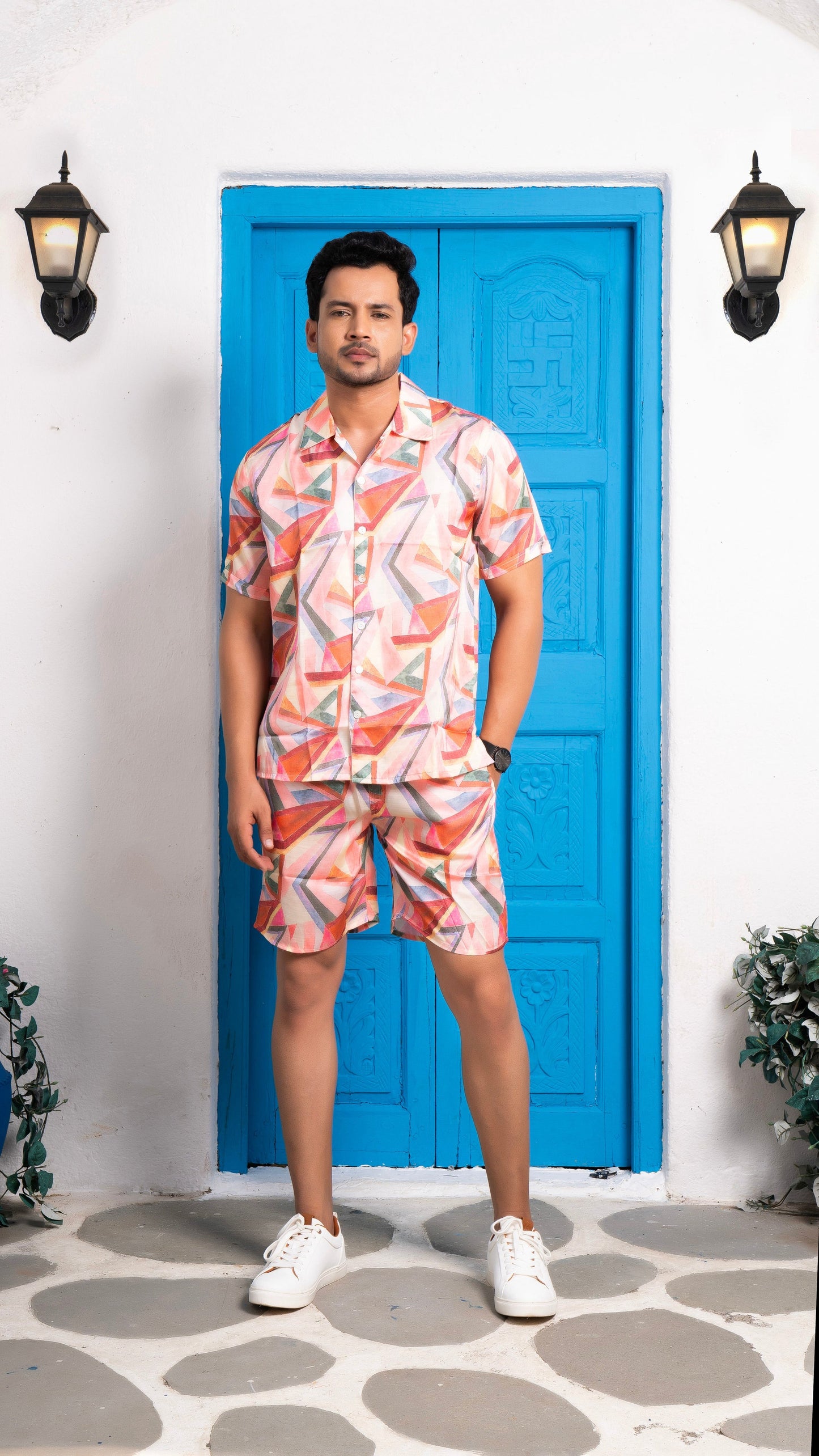 Noroke Sustainable fabric | Linen Satin Linen Geometric Co-ord Set Men - Swadesiicart