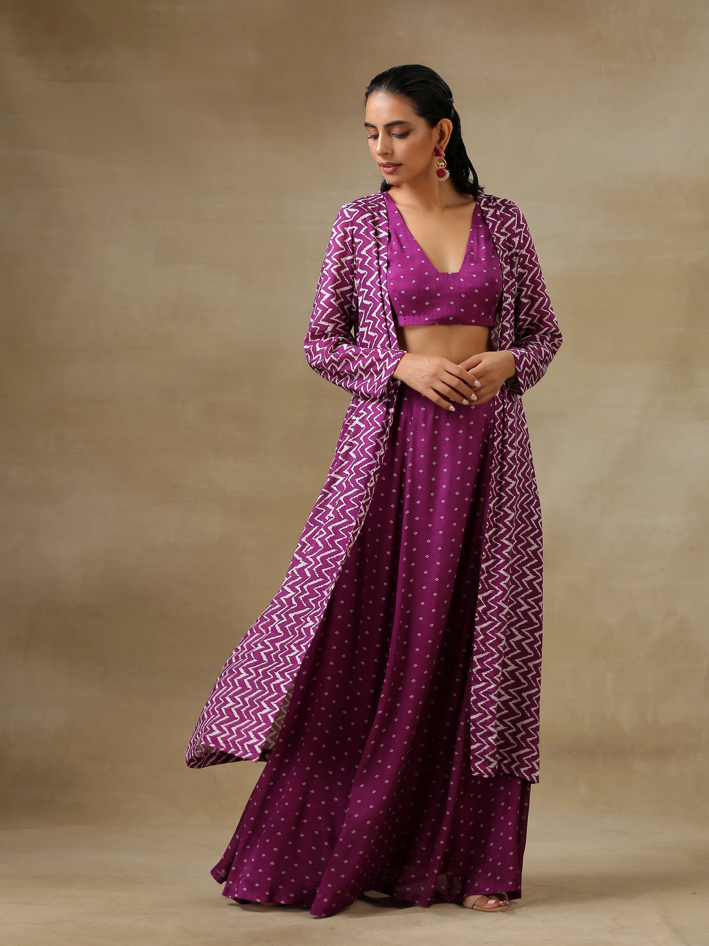 trueBrowns Purple Bandhani Printed Silk Top Skirt Jacket Set | Swadesiicart