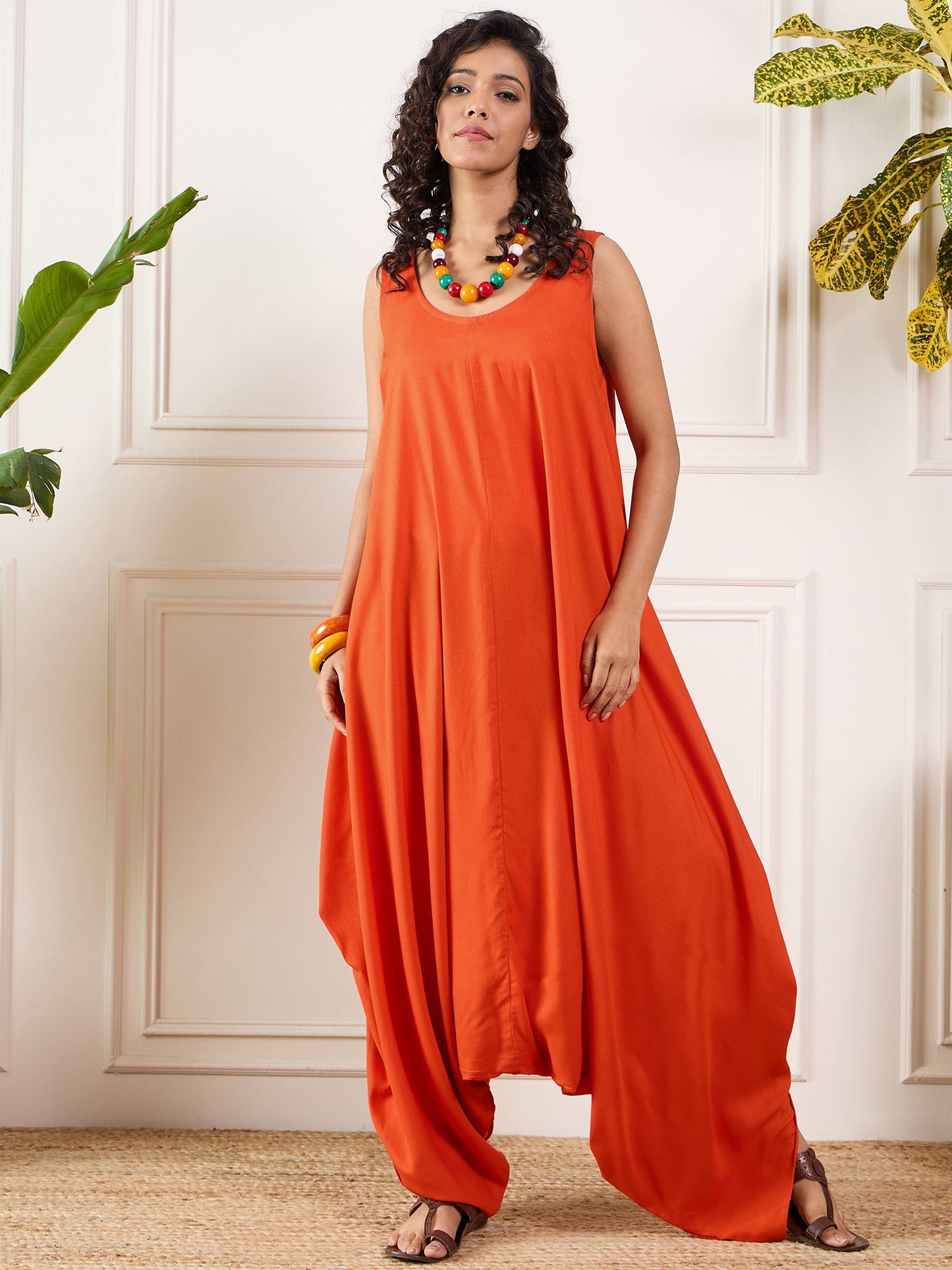 InWeave Orange Round Sleeveless Jumpsuit - Swadesiicart