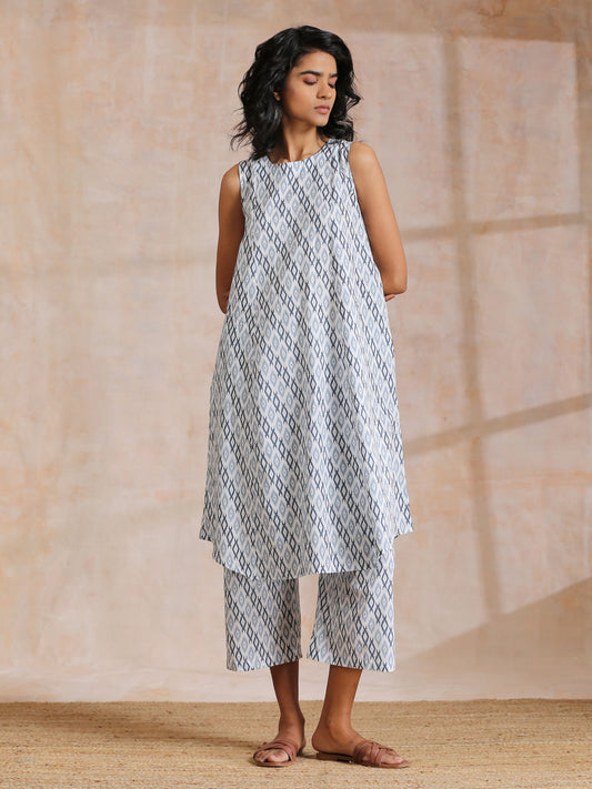 trueBrowns Multi Grey On Grey Ikat Print Cotton High-Low Co-Ord Set - Swadesiicart