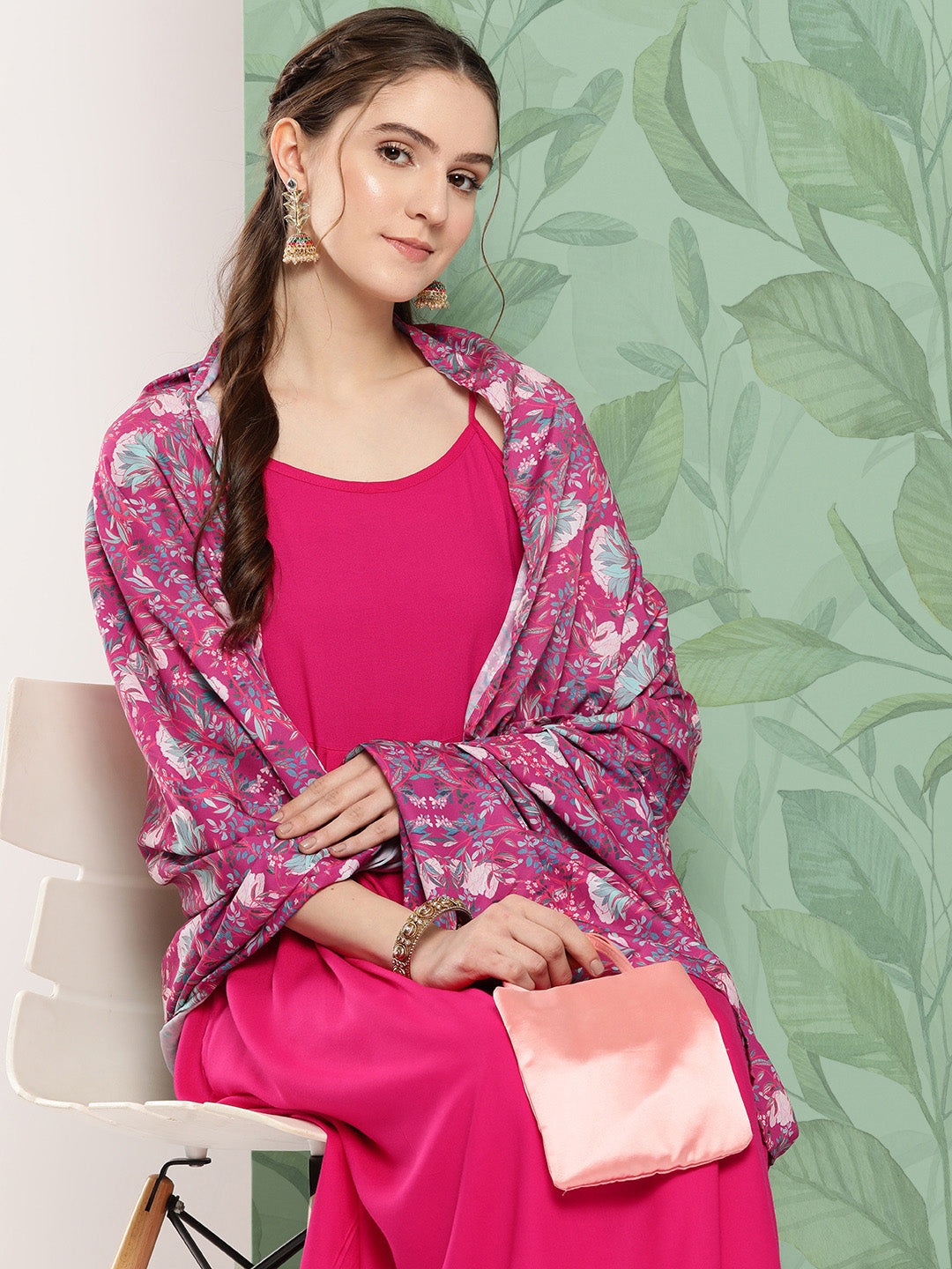 InWeave Women's Fuchsia Strappy Set W Magenta Camelia Cr Dupatta - Swadesiicart