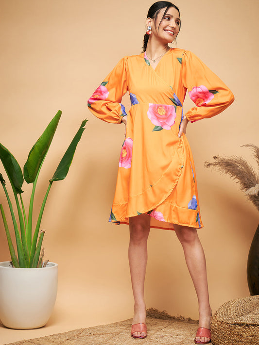 InWeave Women's Haldi Yellow Pink Mauve Flower Belted Dress - Swadesiicart