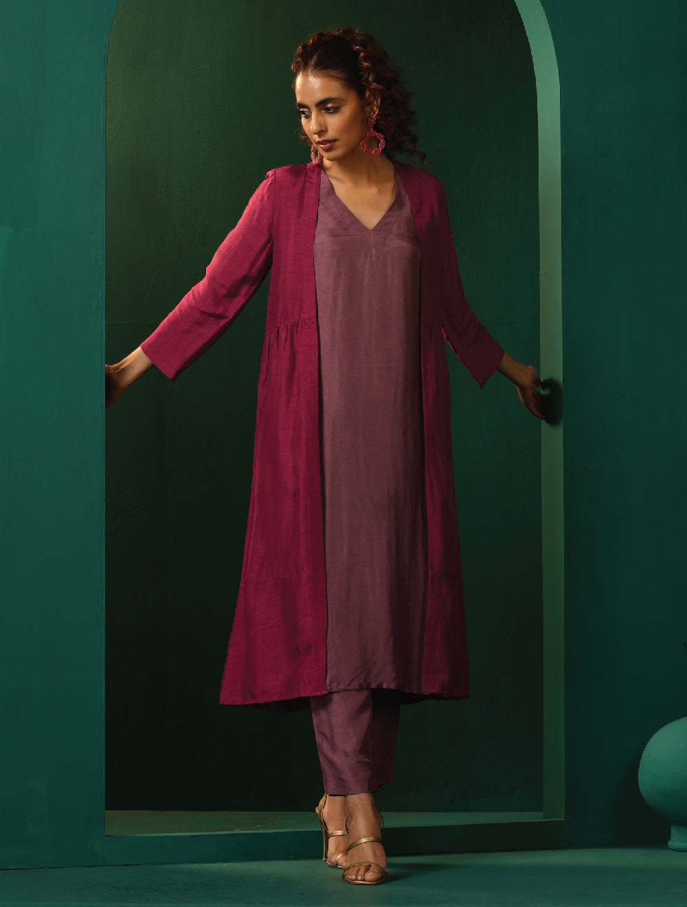 trueBrowns Maroon Light Mauve Silk Jacket Kurta Set | Swadesiicart