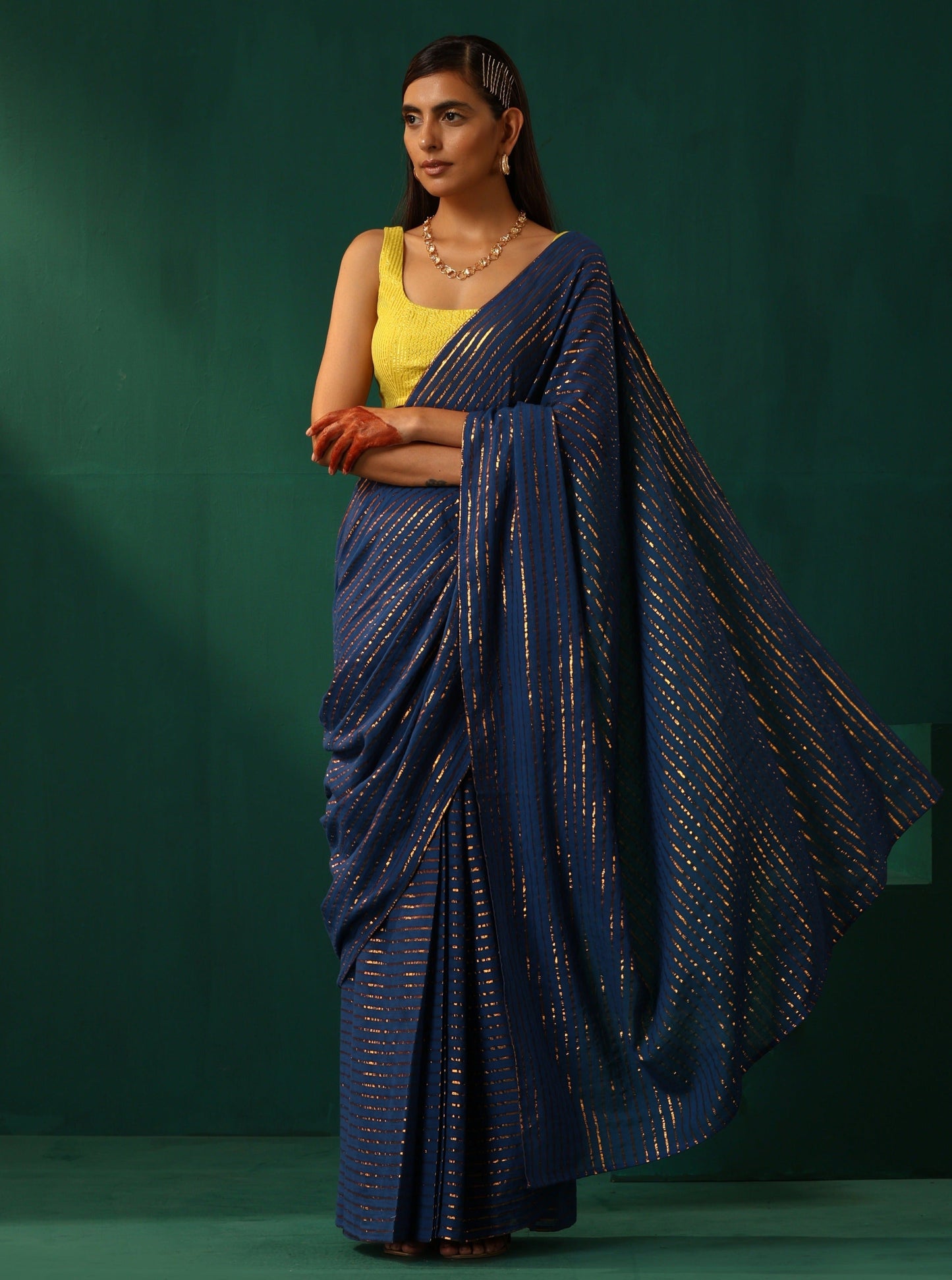 trueBrowns Royal Blue Cotton Gold Lurex Striped Ready to Wear Saree | Swadesiicart
