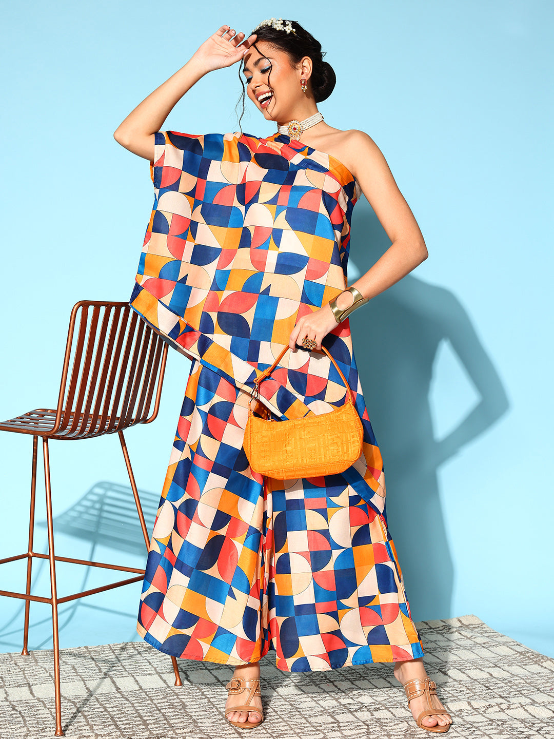 InWeave Women's Multi Geometric Print One Shoulder Top With Palazzo Set - Swadesiicart