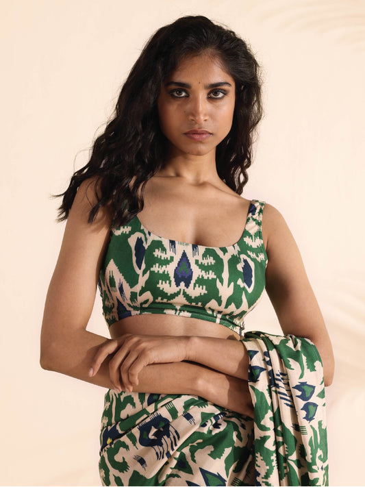 trueBrowns Green Muslin Ikat Sleeveless Blouse | Swadesiicart
