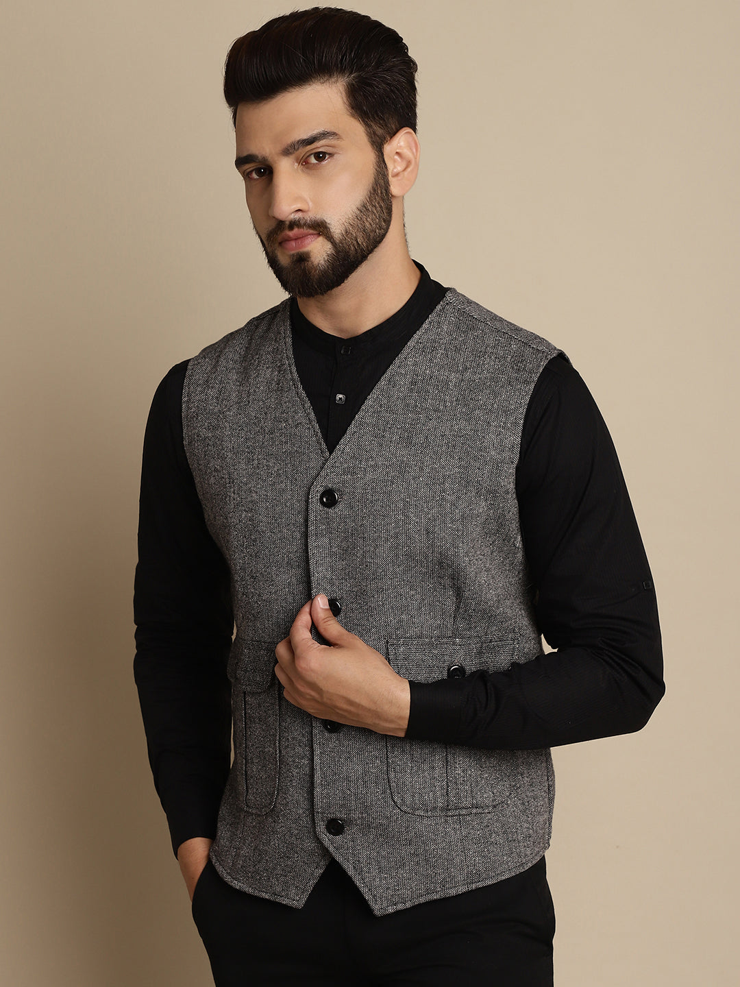 Even Apparels Men's Black Woolen Waistcoat With Patch Pocket | Swadesiicart