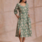 trueBrowns Fern Green Overall Floral Block Print Cotton Square Neck Dress | Swadesiicart