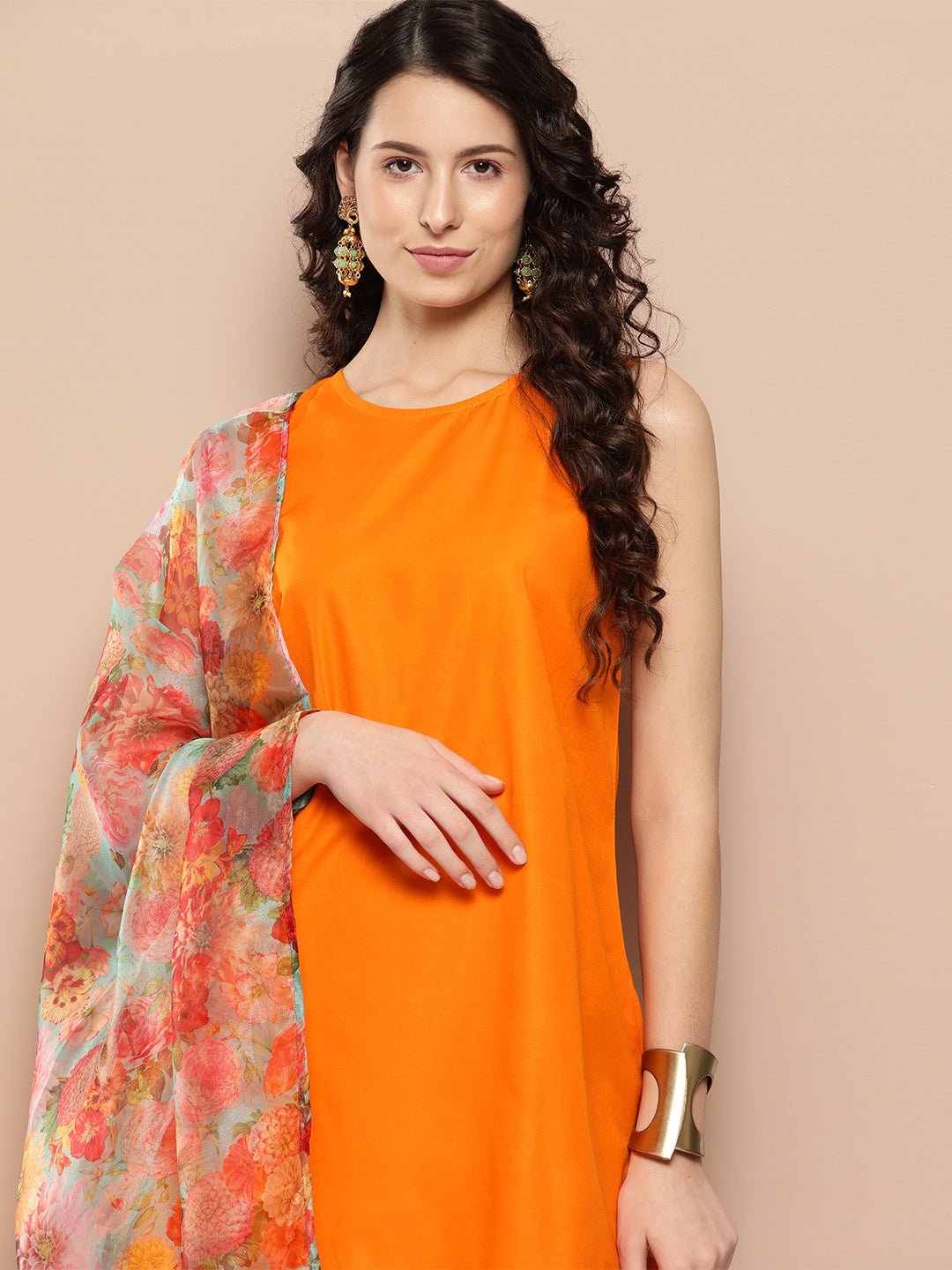 InWeave Women's Tangy Orange Short Pallazo Set W Green Or Dupatta - Swadesiicart
