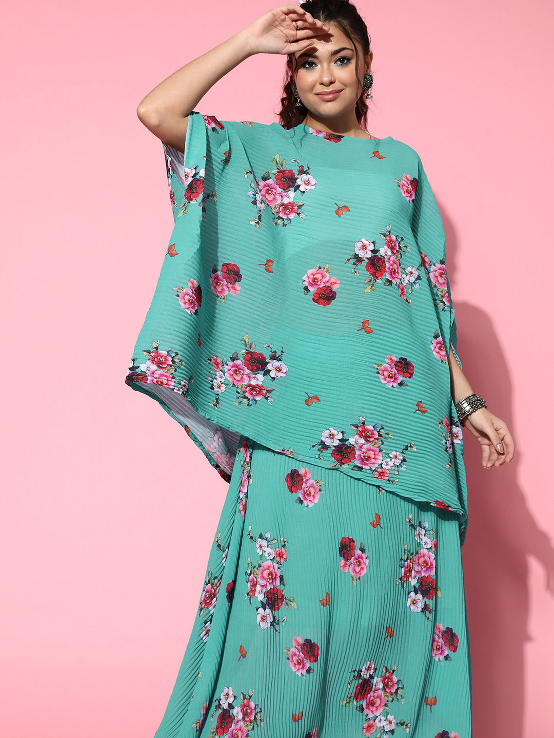 InWeave Women's Blue Floral Print Pleated Kaftan Top - Swadesiicart