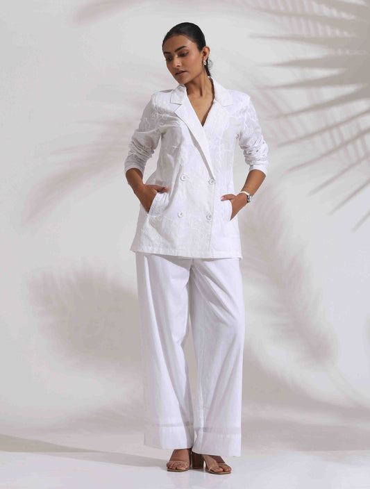 trueBrowns White Cotton Schiffli Jacket Co-ord Set - Swadesiicart