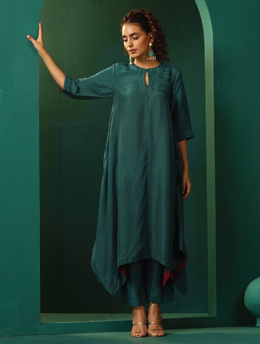 trueBrowns Teal Silk Handkerchief Kurta Pant Set | Swadesiicart