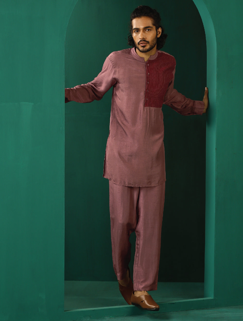 trueBrowns Men's Light Mauve Silk Co-ord Set - Swadesiicart