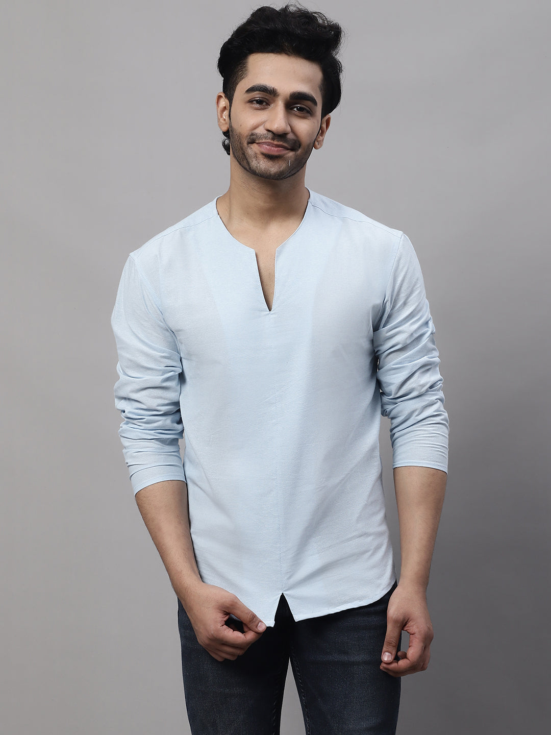 Even Apparels Blue Pure Cotton Open Neck Kurta | Swadesiicart