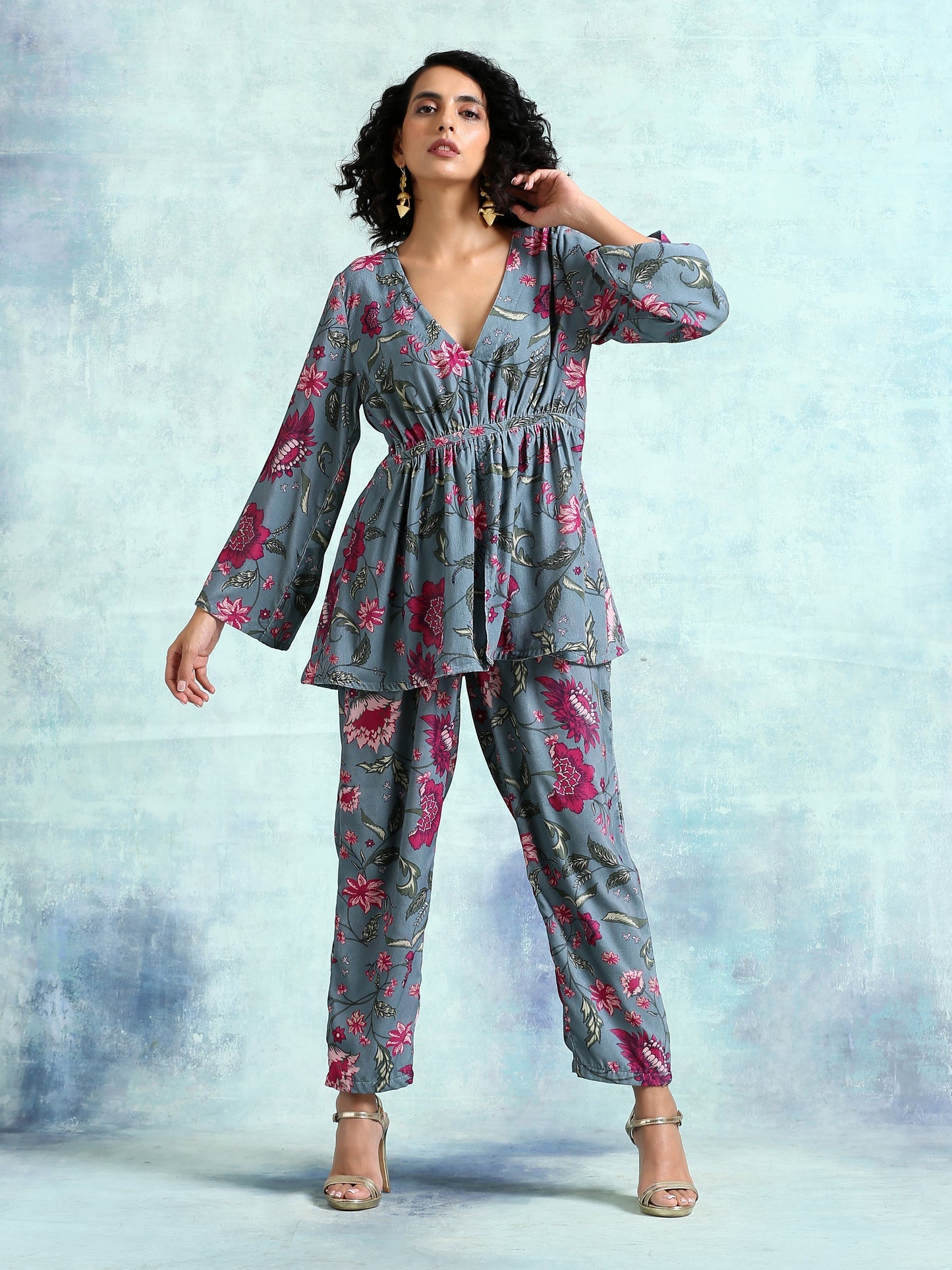 trueBrowns Grey Printed Velvet Co-Ord Set - Swadesiicart