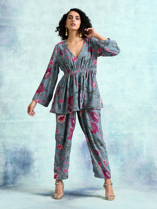 trueBrowns Grey Printed Velvet Co-Ord Set - Swadesiicart