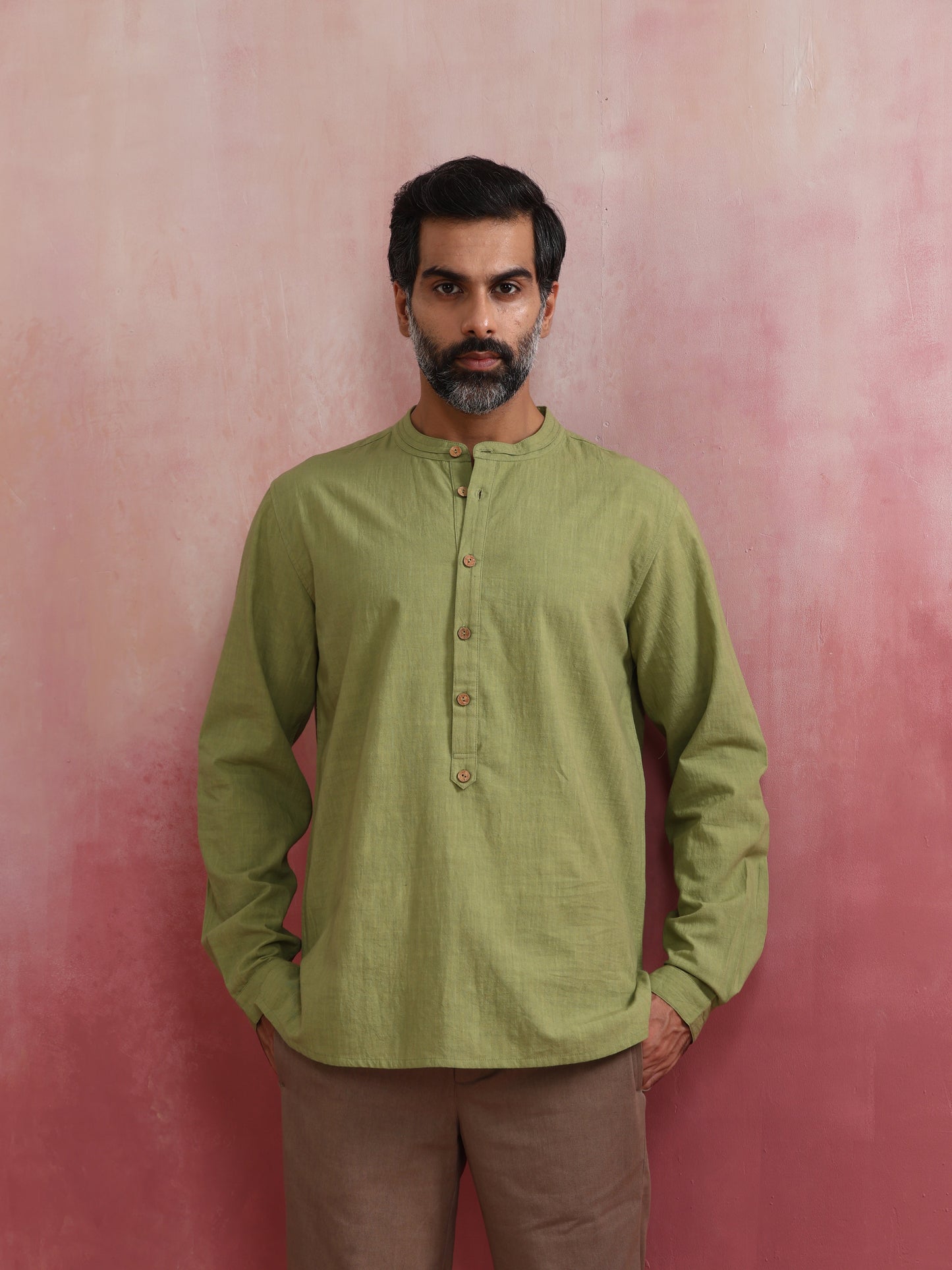 trueBrowns Men's Pista Green Cotton Mandarin Collar Stylized Kurta | Swadesiicart