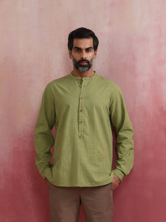 trueBrowns Men's Pista Green Cotton Mandarin Collar Stylized Kurta | Swadesiicart