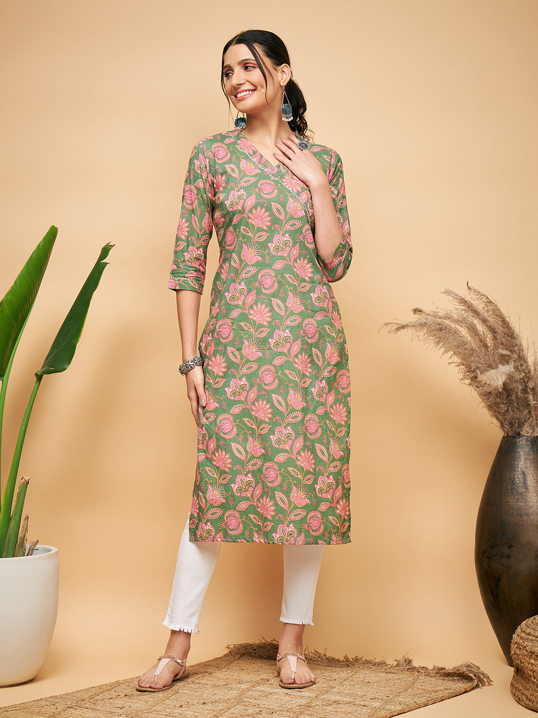 InWeave Women's Green Pink Floral Angrakha Straight Kurta - Swadesiicart