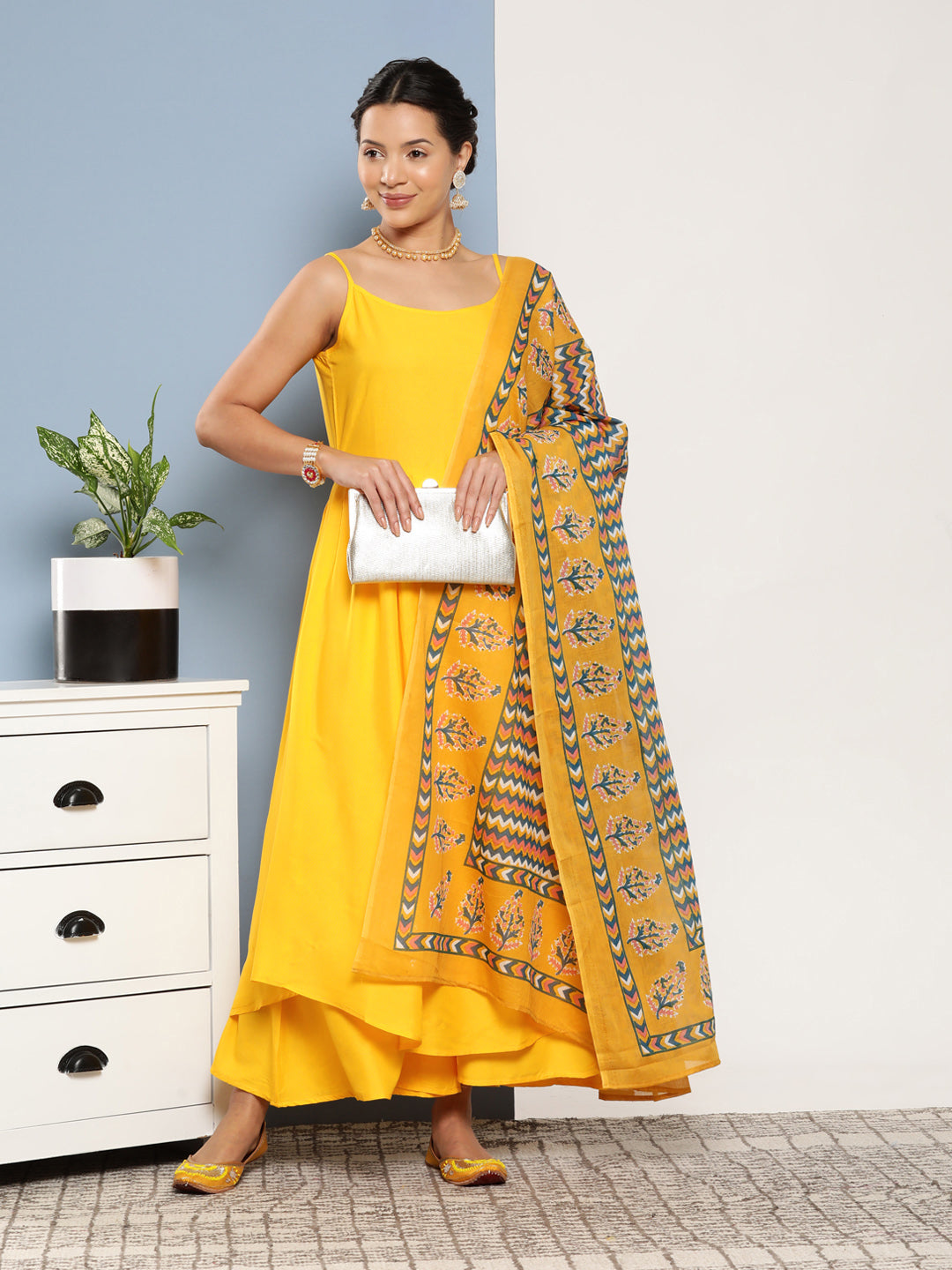 InWeave Women's Yellow Ray Strappy Kurta Set With Yellow Zig Zag Cotton Dupatta - Swadesiicart