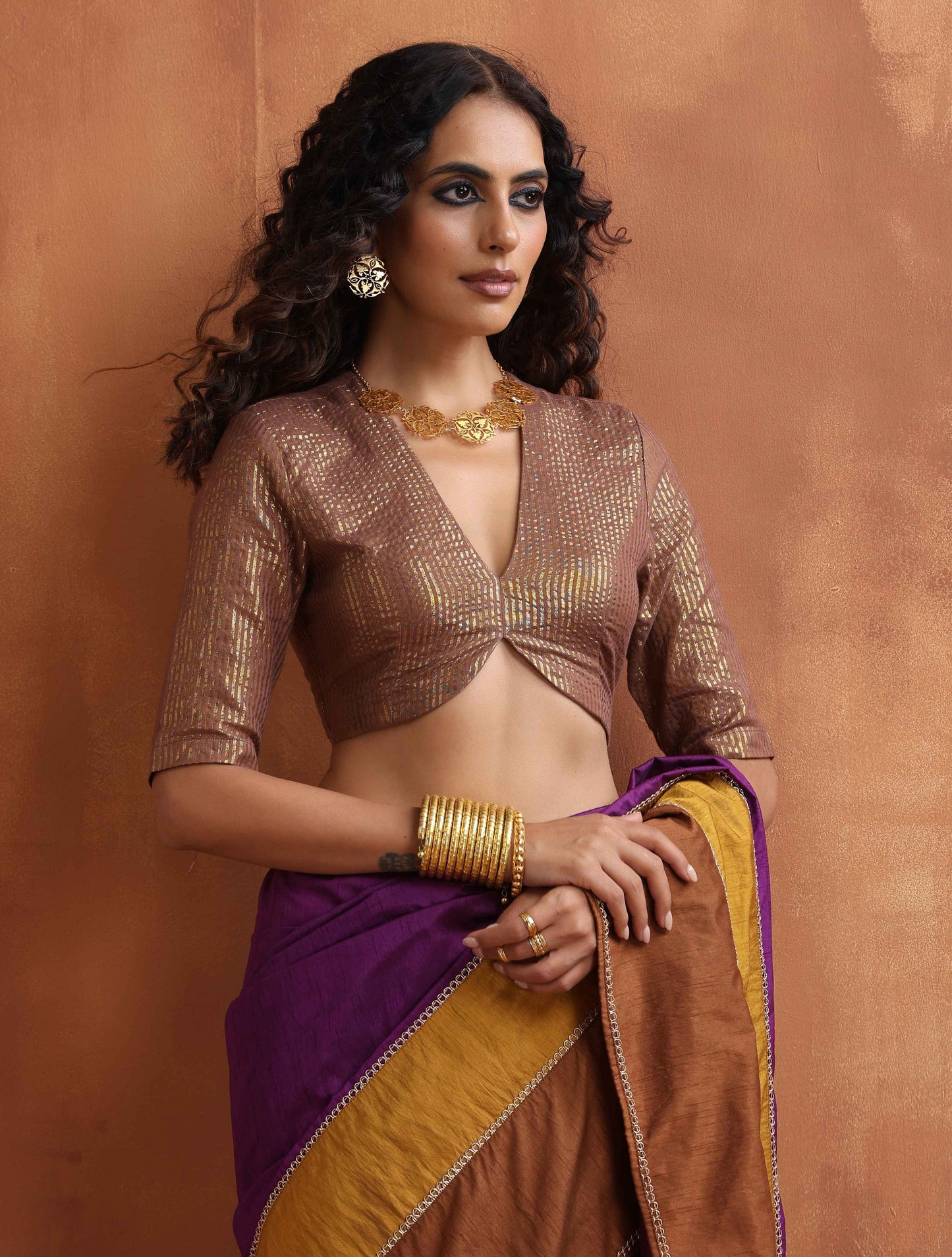 trueBrowns Brown Gold Metallic Blouse | Swadesiicart