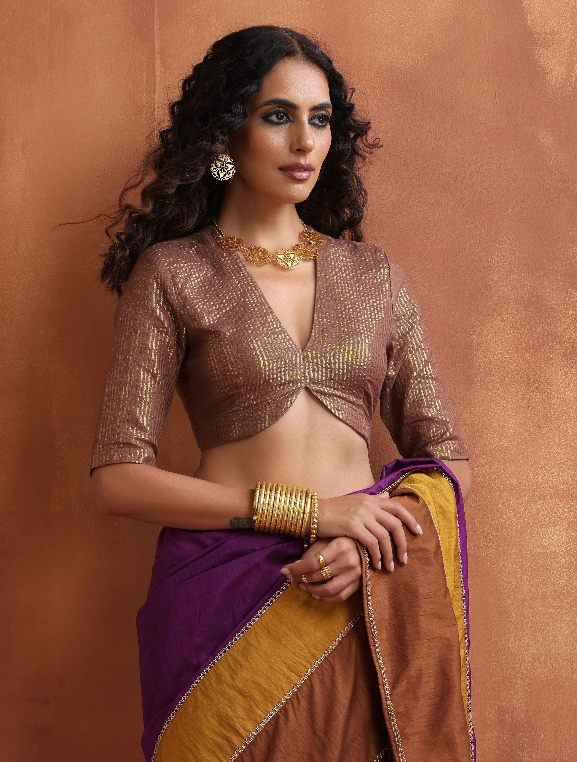trueBrowns Brown Gold Metallic Blouse | Swadesiicart
