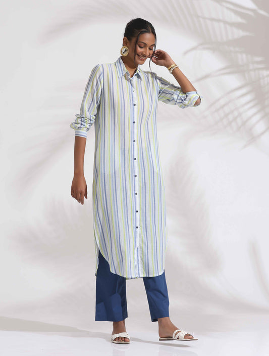 trueBrowns White Cotton Multi Stripe Shirt Kurta Set | Swadesiicart