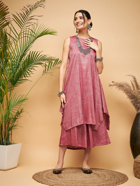 InWeave Women's Wine Lurex Short Pallazo Kurta Set - Swadesiicart