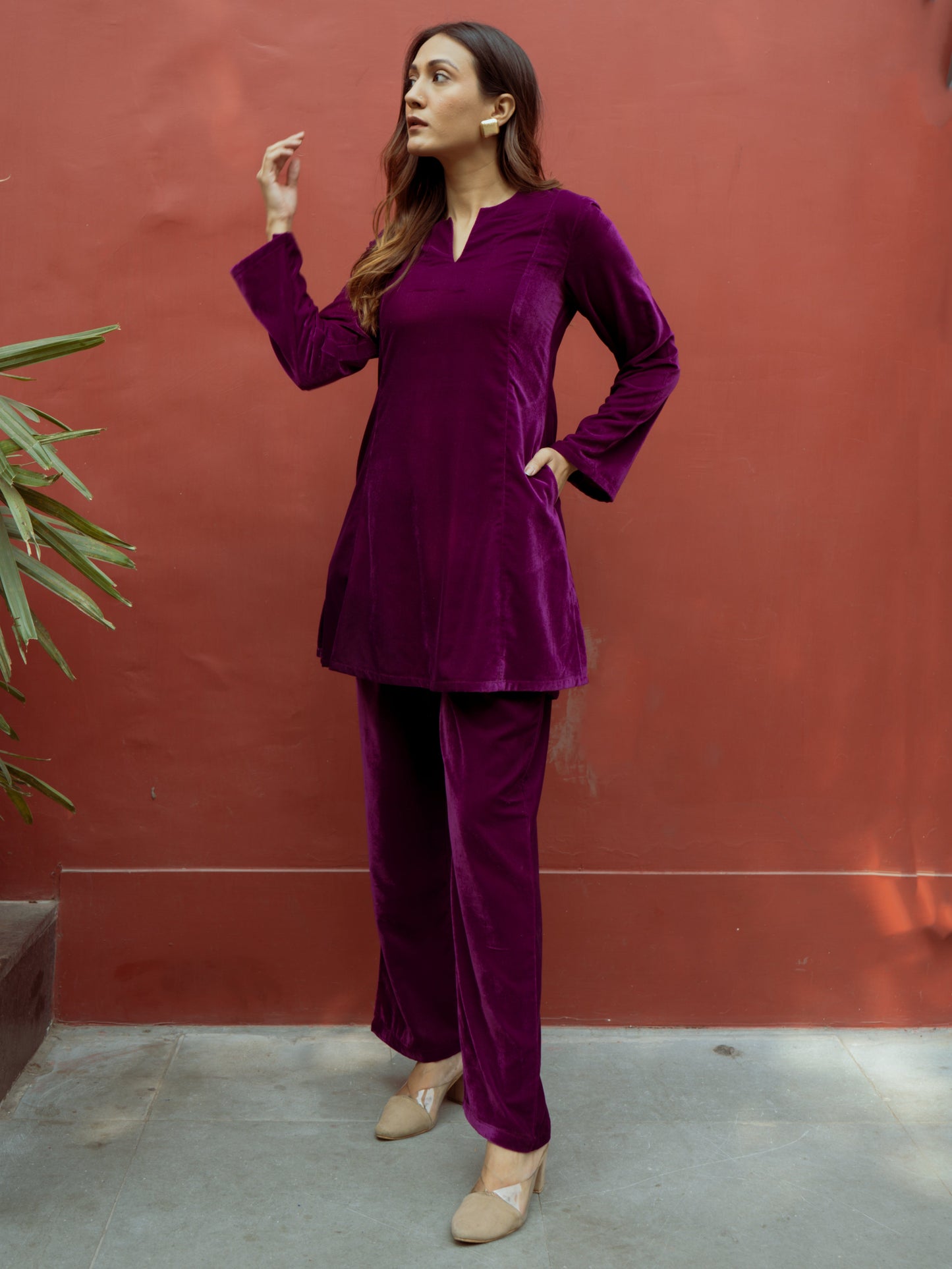 trueBrowns Wine Solid Velvet Co-Ord Set - Swadesiicart