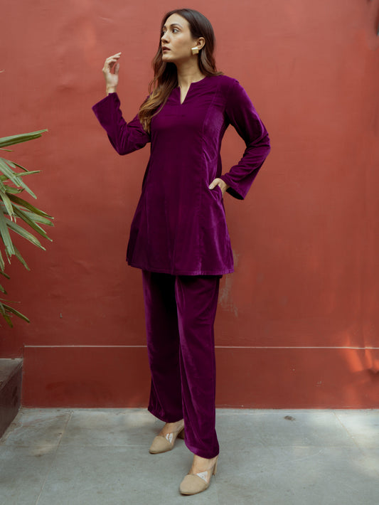 trueBrowns Wine Solid Velvet Co-Ord Set - Swadesiicart