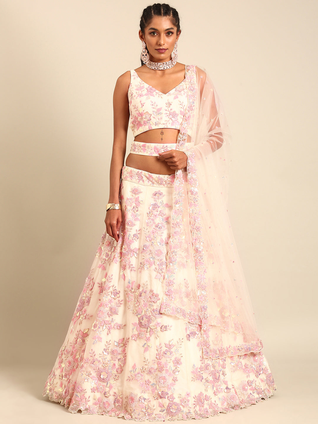 House of Panchhi Cream Net Sequins with heavy Zarkan embroidery Lehenga choli & Dupatta | Swadesiicart