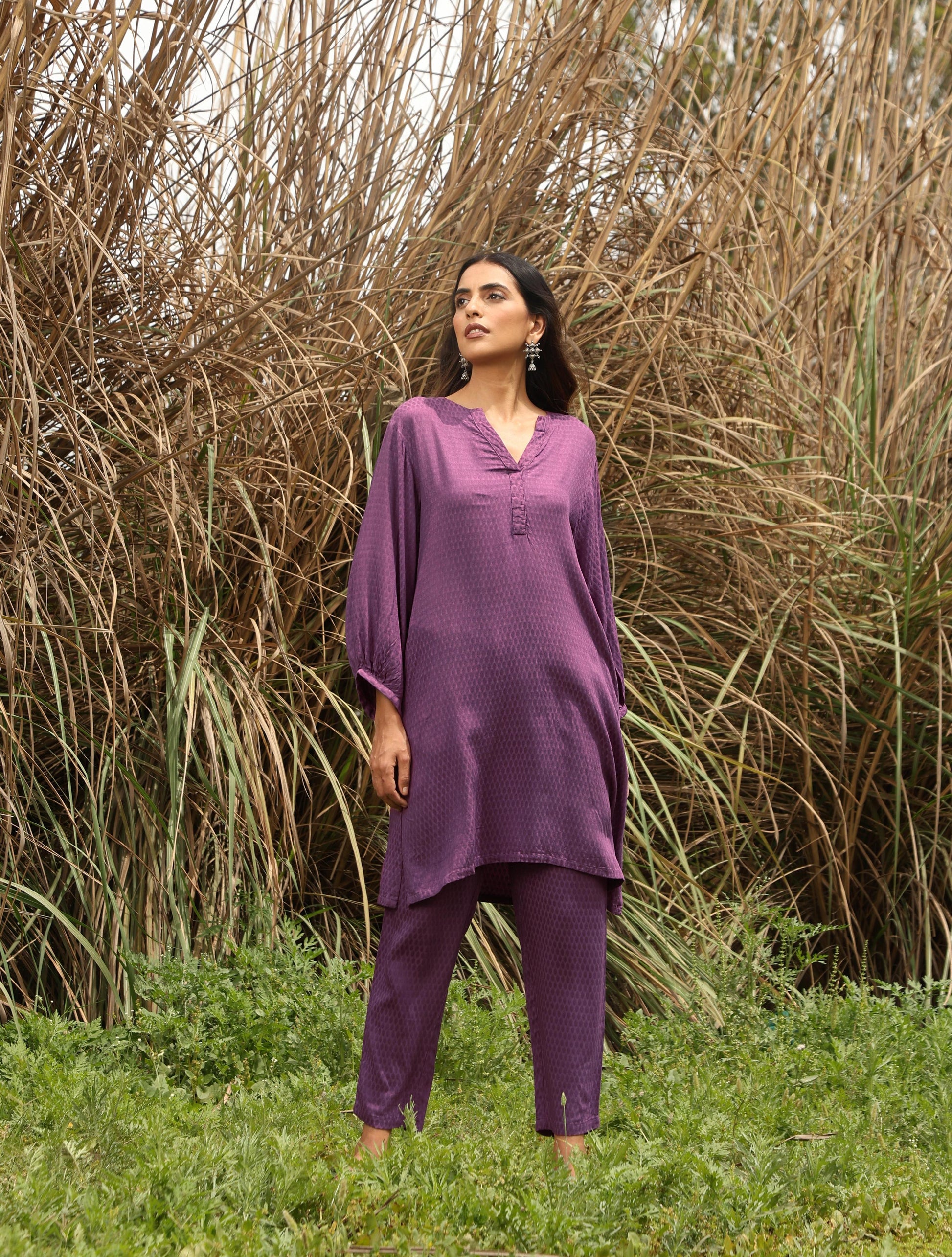 trueBrowns Purple Viscose Dobby Relaxed Co-ord Set - Swadesiicart