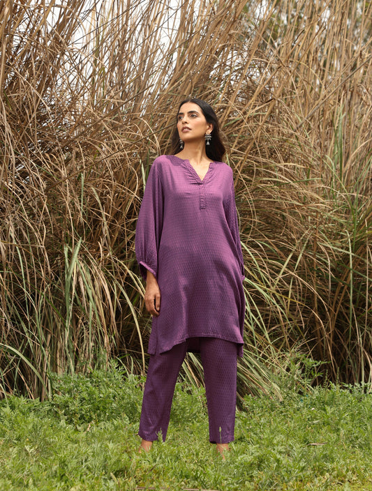 trueBrowns Purple Viscose Dobby Relaxed Co-ord Set - Swadesiicart