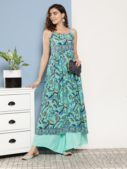 InWeave Women's Camelia Blue Pastel Print Strappy Kurta Set - Swadesiicart