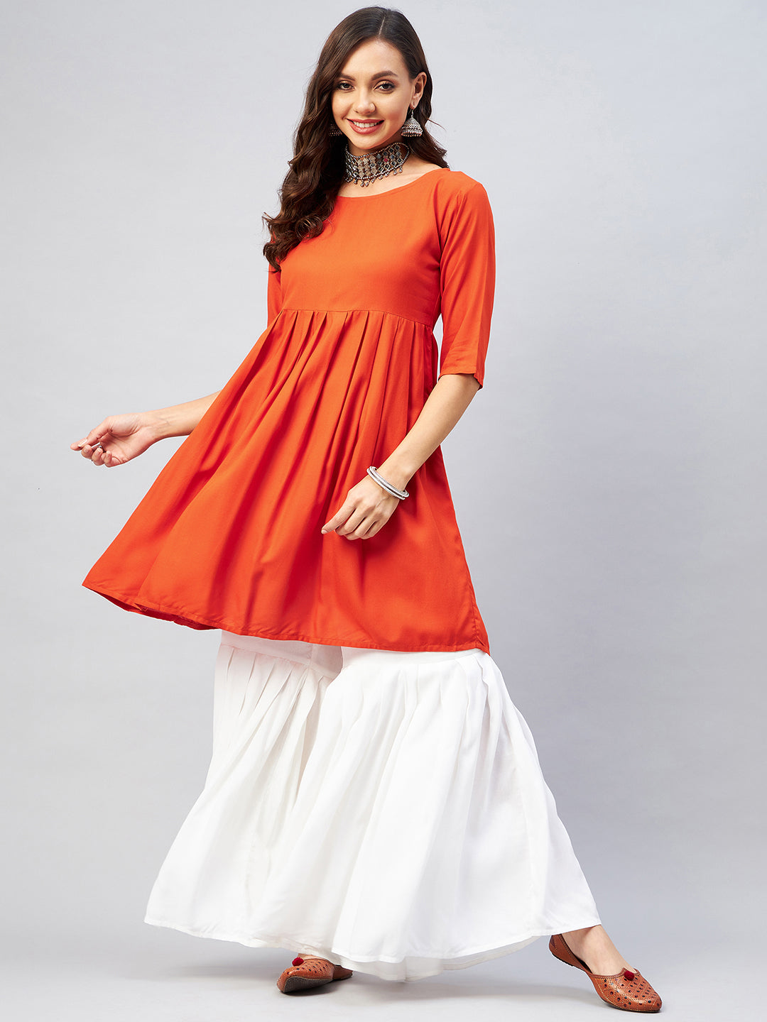 InWeave Women's Orange Short Anarkali Kurta - Swadesiicart